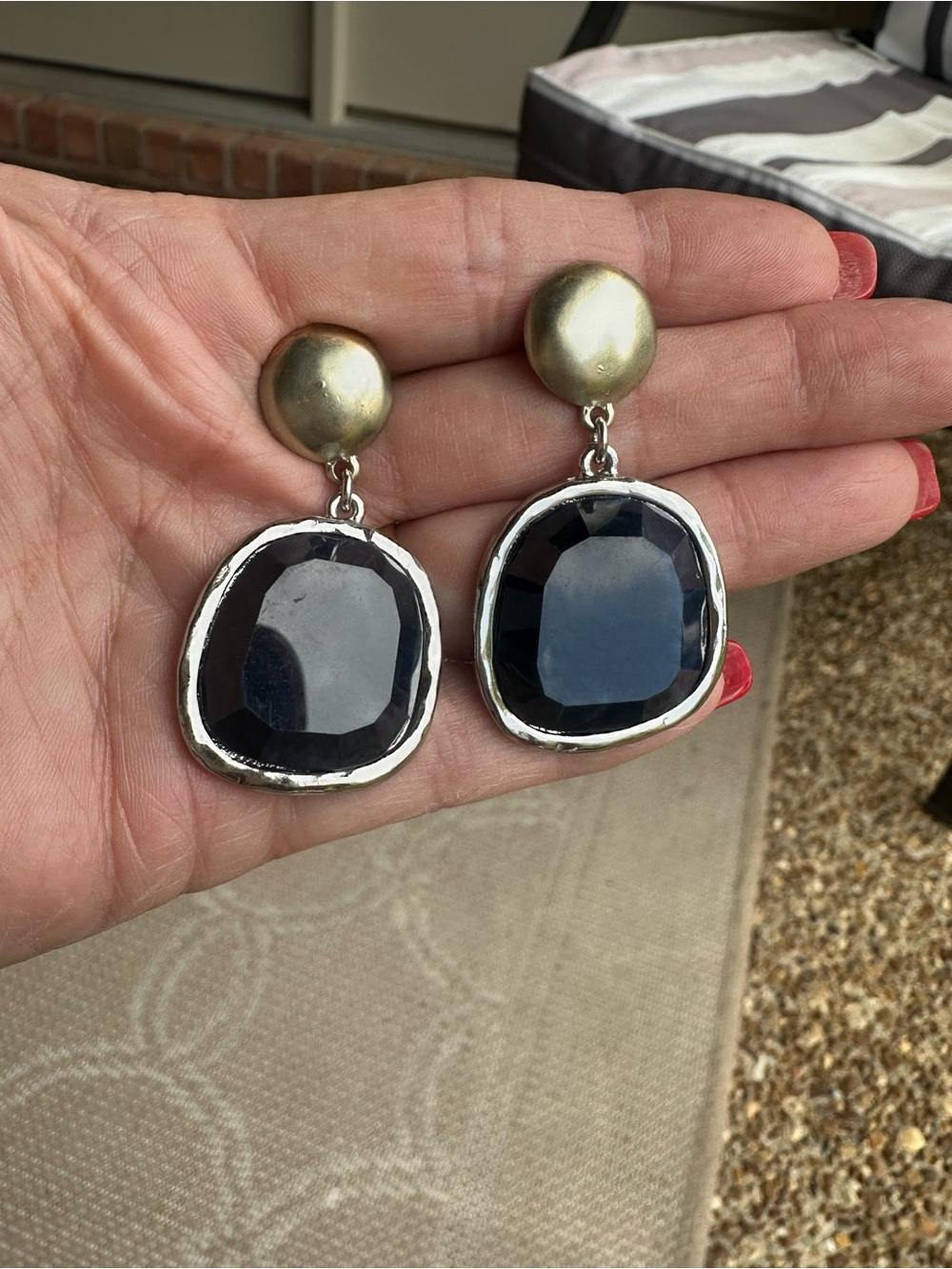 Chico's mixed-metal drop earrings with faceted dark blue stones